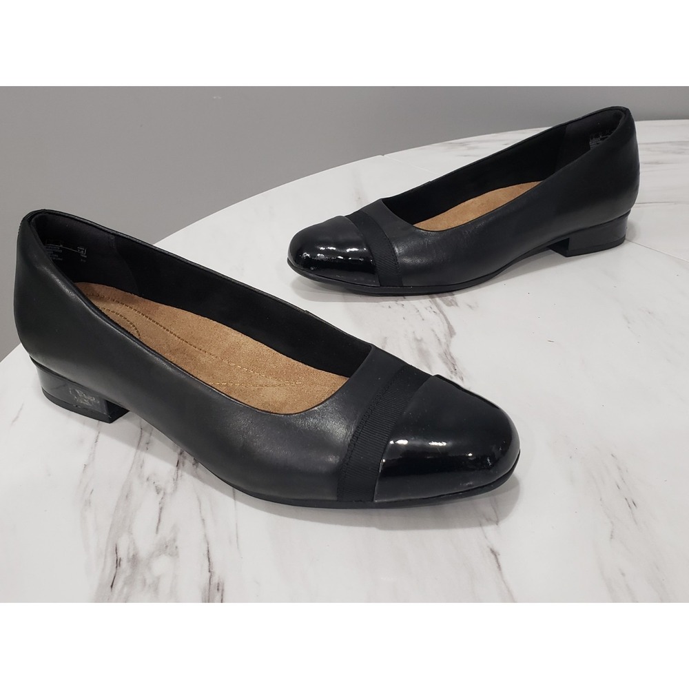 VERY CLEAN 9.5 Clarks Black Leather Cap Toe Slip-On Block Heel Pumps Square Toe